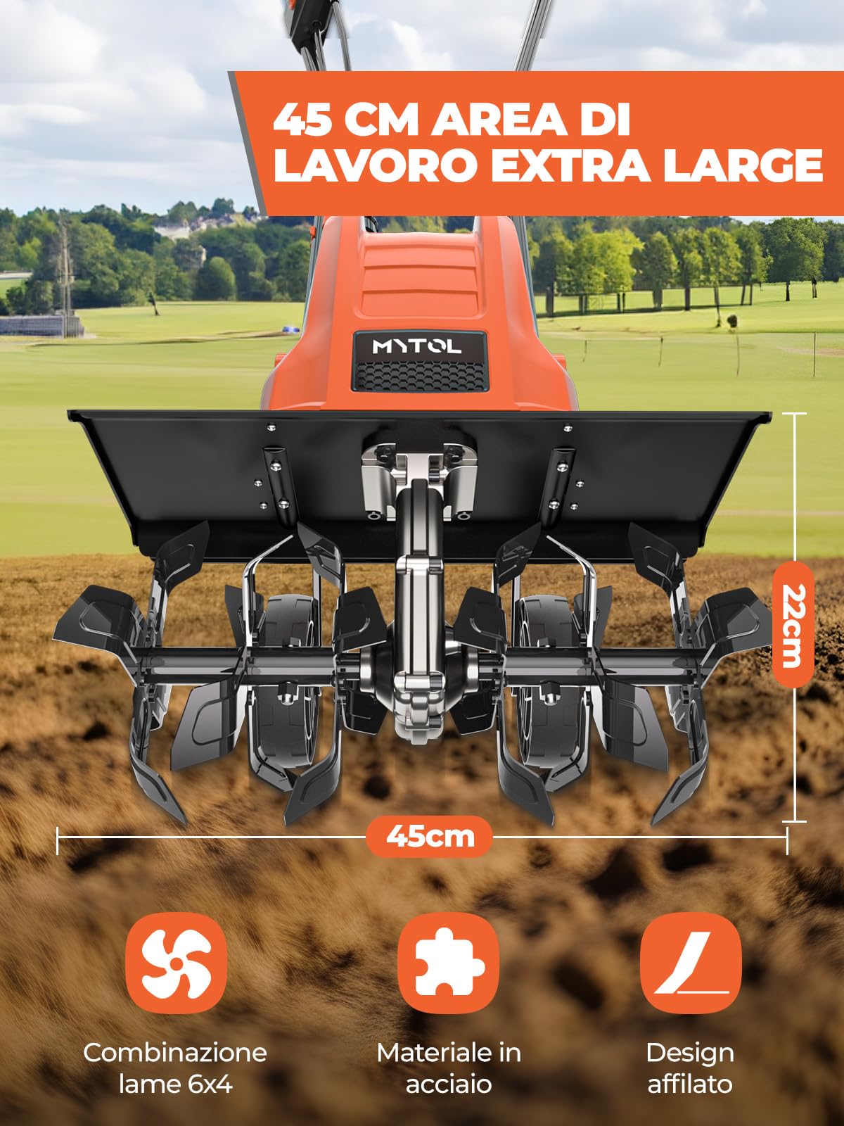 MYTOL Motozappa 1500W, Larghezza di Lavoro 45cm,Profondità 22cm, Motozappa Elettrica con 6×4 Rebbi in Acciaio Resistente, Manico Pieghevole,Doppio Pulsante di Sicurezza, Protezione da Surriscaldamento
