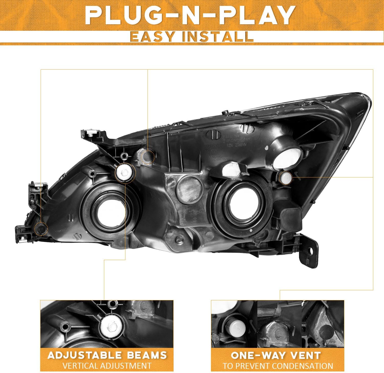 WEELMOTO Headlight Assembly for 2003-2007 Honda Accord, OE Headlamp Replacement, Black Housing, Amber Reflector, Left+Right 2/4-Door