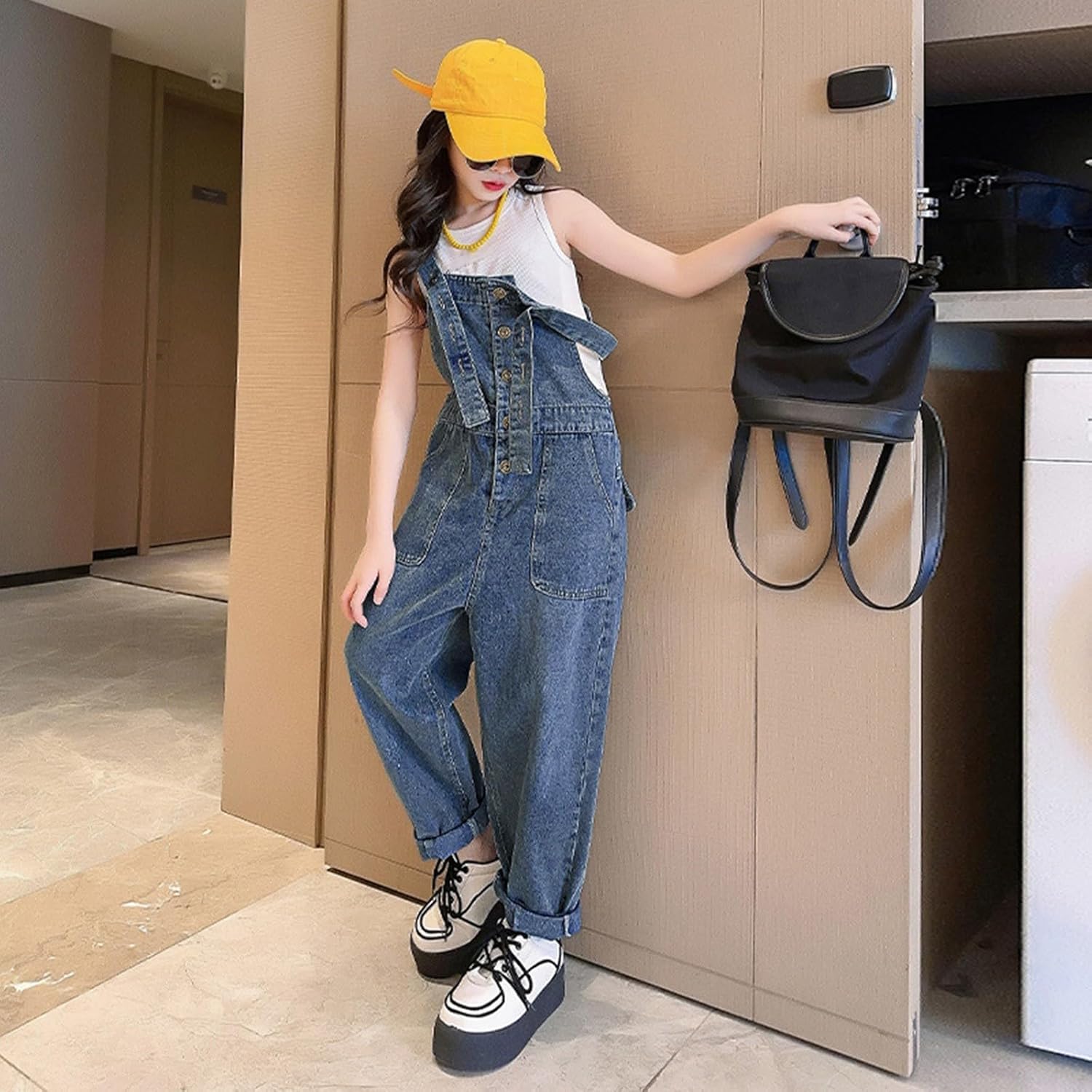 Teen Girls Adjustable Denim Overalls Kids Vintage Button Suspender Bib Wide Leg Jean Jumpsuit Youth Trendy Dungarees