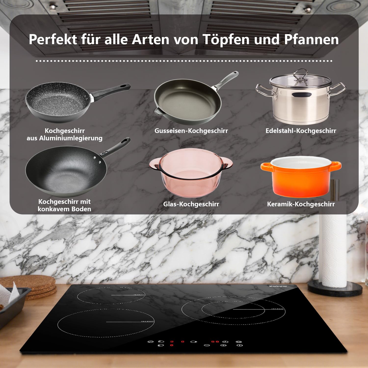 Karinear Glaskeramikkochfeld 3 Platten, 5200W, Autarkes Kochfeld 60 cm, Herdplatte 3 Kochfelder, Sicherheitsschloss, Timer, Touch-Bedienung, 9 Heizstufen, Flexibler Außenbereich, 240V