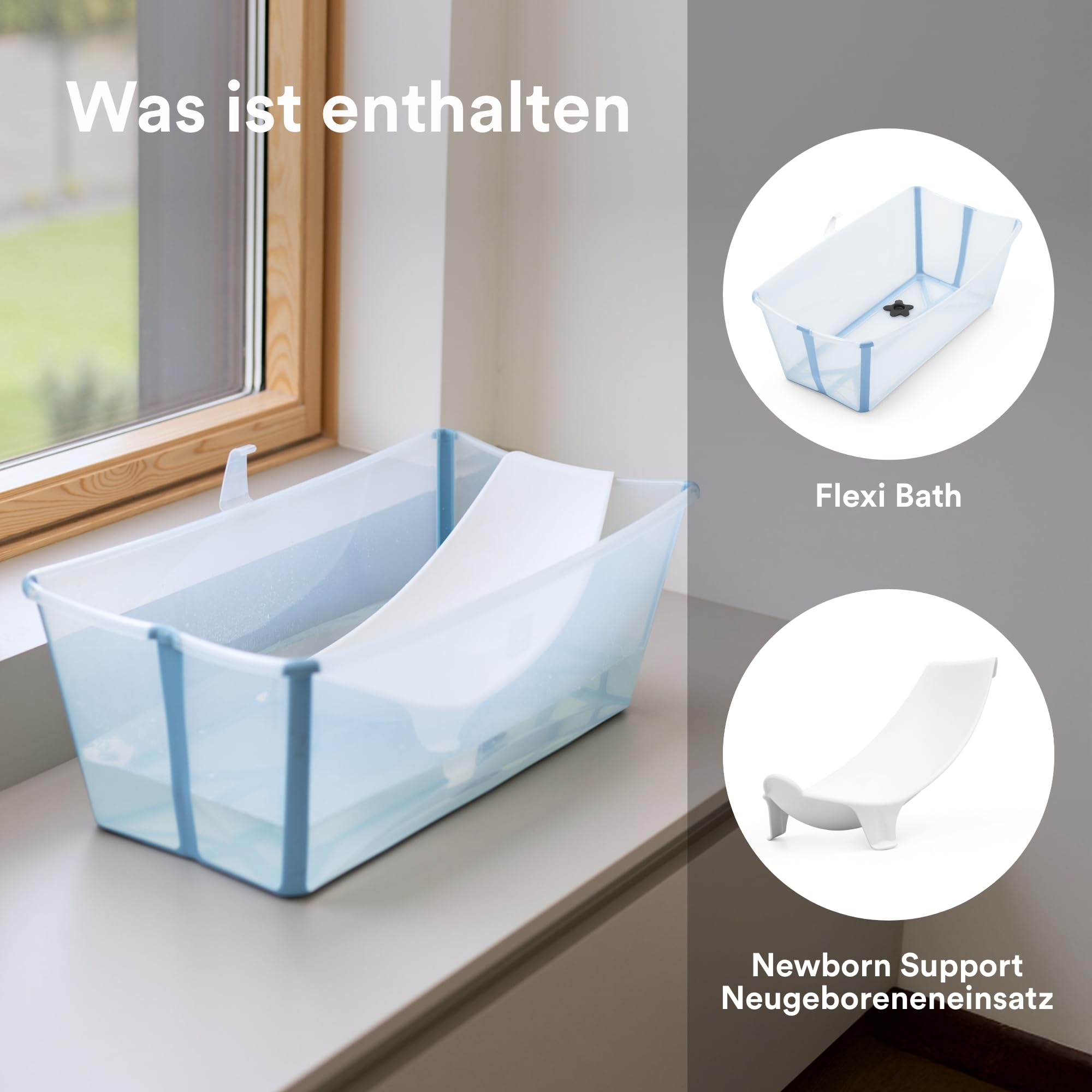 Stokke Flexi Bath (Ocean Blue) mit Newborn Support - Robust & einfach zu verstauen - Bequem für zuhause oder auf Reisen - Ideal für Neugeborene & Kinder bis 48 Monate