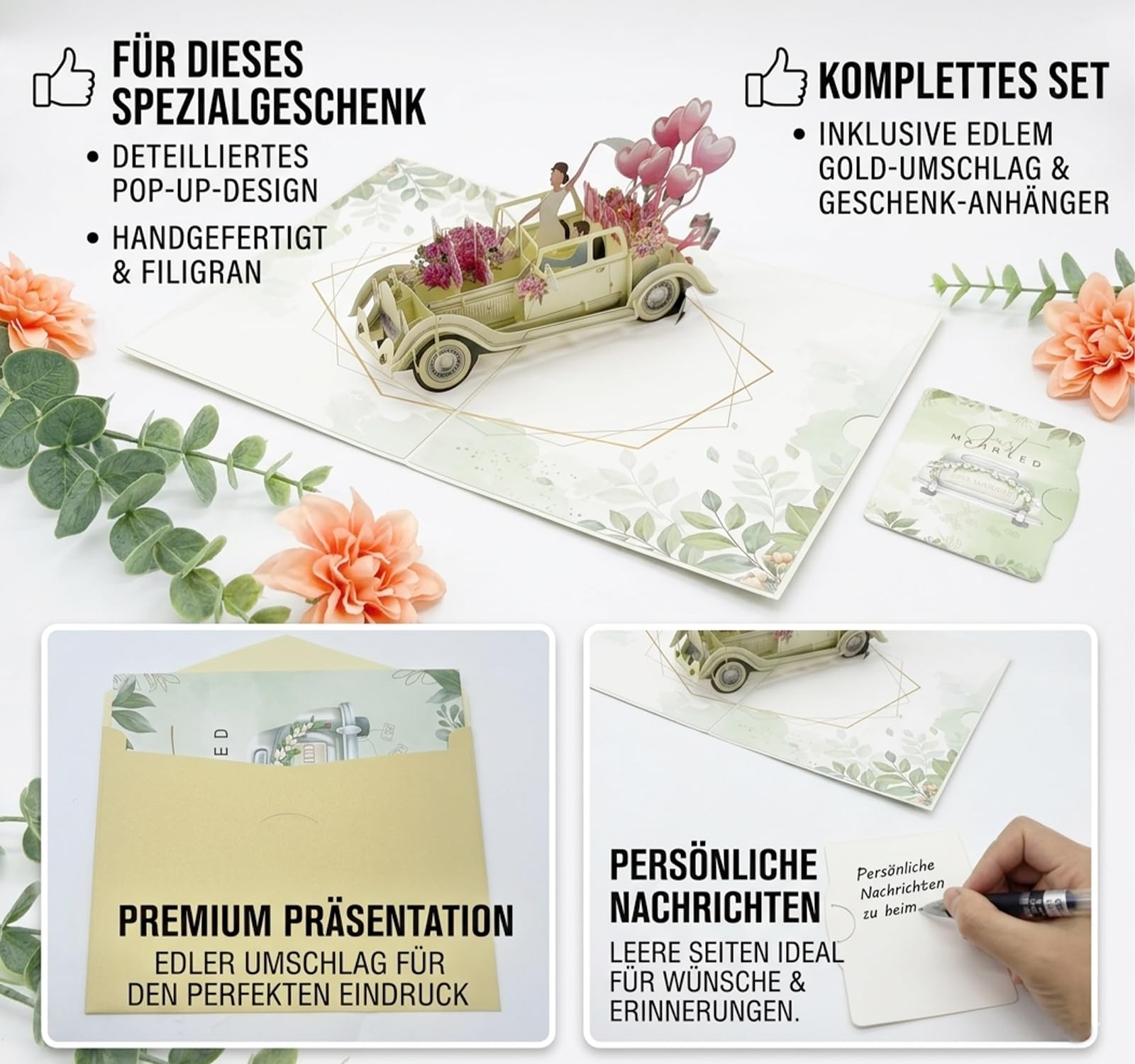 Karta ślubna typu pop-up, karta 3D z życzeniami na ślub z motywem oldtimera i kwiatów, karta "Just Married" z samochodem ślubnym dla pary młodej, karta z życzeniami na Walentynki, zaręczyny, rocznicę
