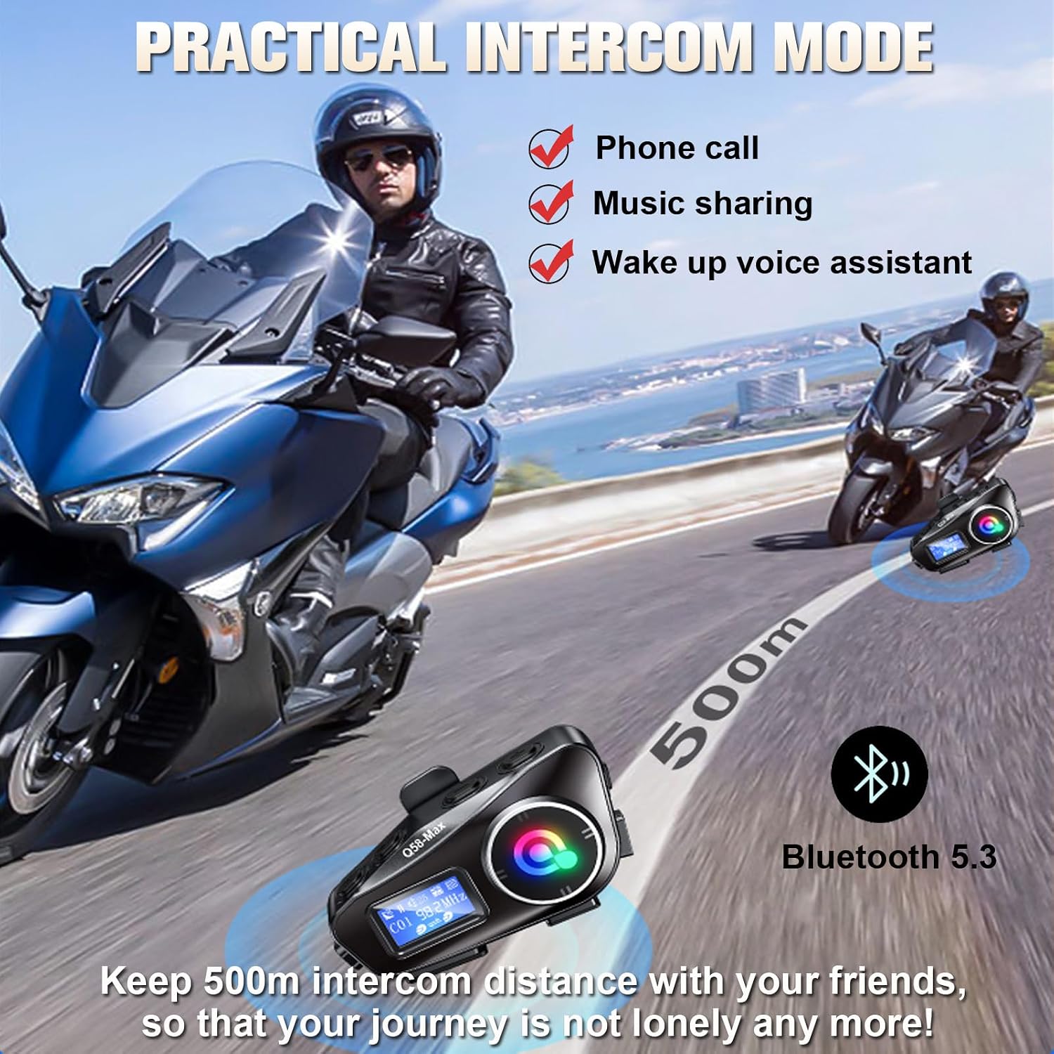Motorcycle Intercom 2 Pack Helmet Bluetooth Headset with Mic IP65 Waterproof Noise Cancelling 500m Range Intercom Headphones with Microphone Helmet Motorcycle Hands-Free Communication System Universal