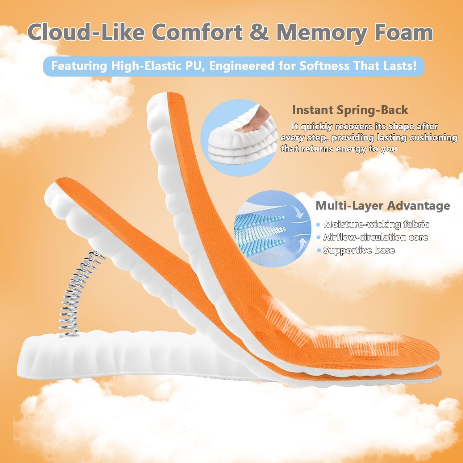 steppers insoles for men and women,4d cloud insoles,memory foam insoles,breathable massage cushion shoe inserts with arch support-trim to fit all shoe types(2 pair-orange, men 10-11/women 11.5-12.5) 2pair-orange men 10-11/women 11.5-12.5