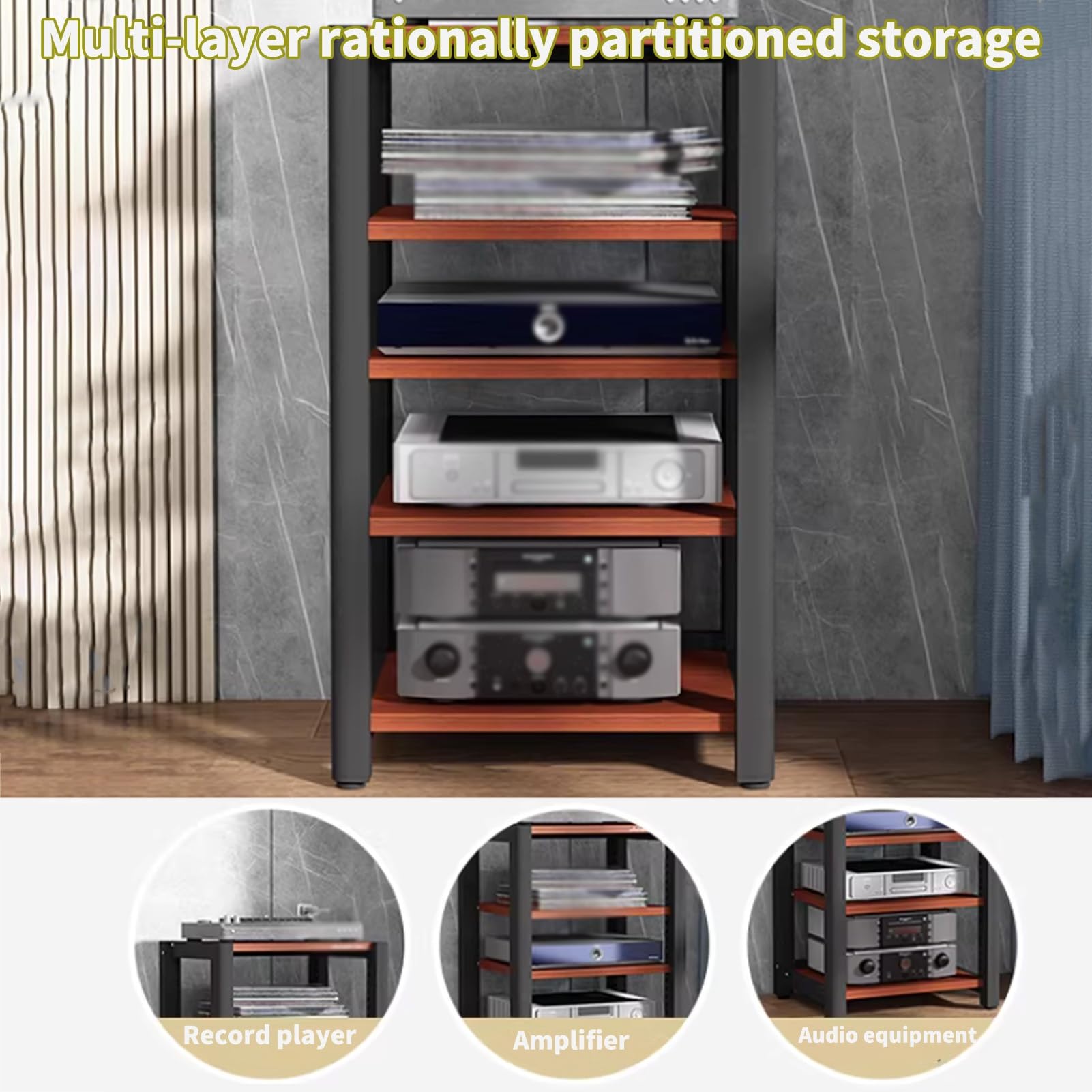 Rack audio HiFi, supporto per componenti stereo a 2/3/4/5 livelli, mobiletto in legno regolabile per casa/ufficio (rosso, 100 cm)