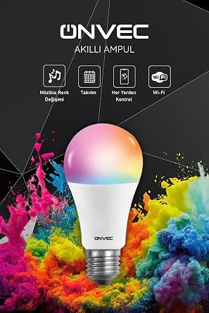 Onvec 2Gen Tuya Wifi+Bluetooth Destekli 9 W Rgb Çok Renkli Akıllı Led Ampul, 2.4 GHz, Onvec, Amazon Alexa ve Google Home Uygulamarıyla Çalışır, Rengi Değiştirilebilir [Enerji Sınıfı A+]