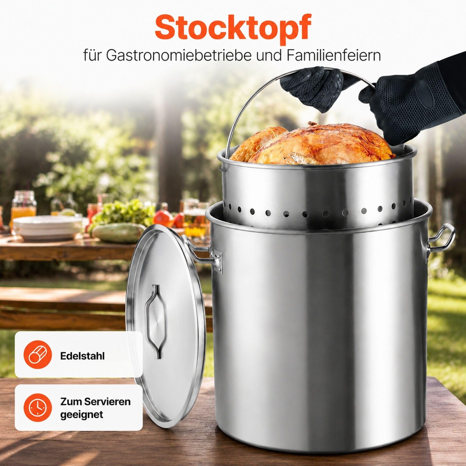 Edelstahl Suppentopf 60,5 L Silber mit Korb, Deckel und Griffen für Küche und große Veranstaltungen