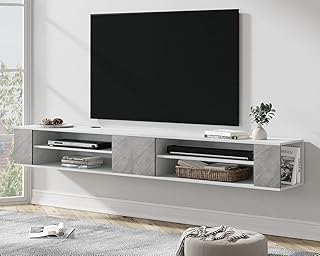 WAMPAT 79 inch Floating TV Stand for 65+ inch TVs, Wall Mounted Shelf Entertainment Center, TV Cabinet Media Console Wood Storage Hutch Under TV for Living Room,Grey&White(Set of 2)