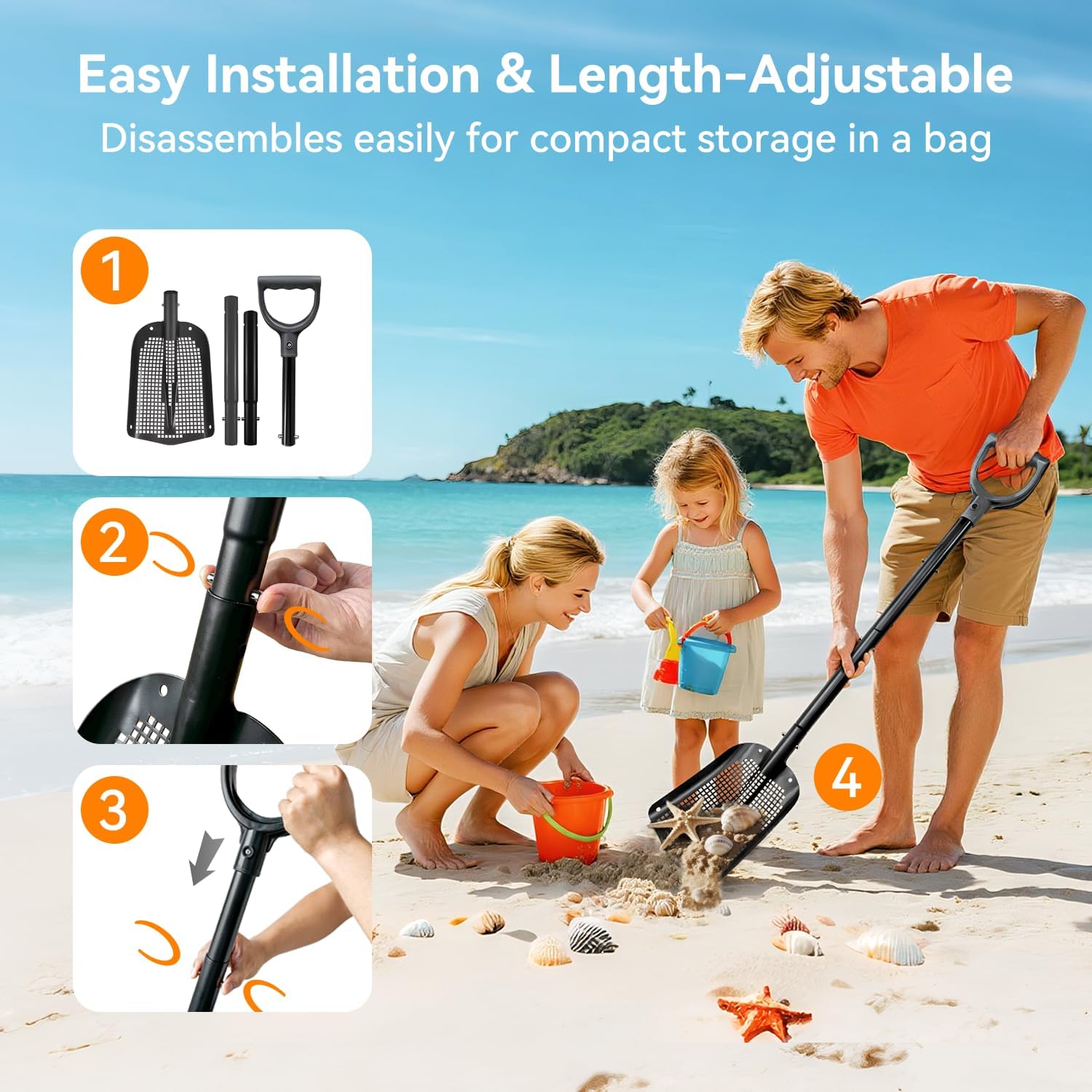 Sand Sifter Shovel, Aluminum Alloy Sifting Shovel with Holes, Adjustable Length Metal Mesh Sifter Scoop, Perfect for Finding Fleas or Shell/Chicken Coop/Gardening, Beach Combing Sieve Tools