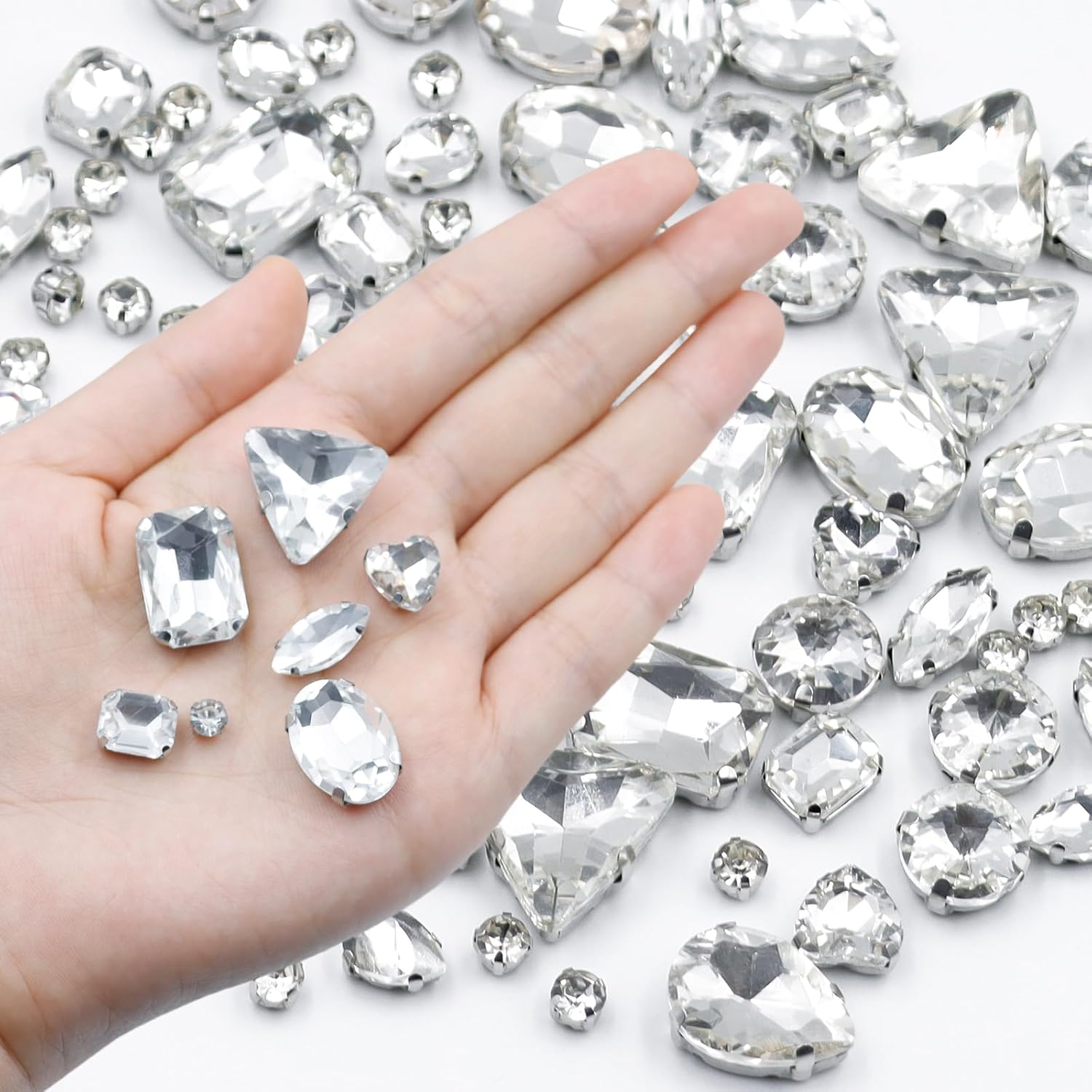100pcs Sew on Rhinestones, Mixed Shapes Silver Claw Flatback Glass Rhinestones Sew on Crystal Gems for Jewelry DIY Crafts Clothes Shoes Hats Dress Costume Garments - Image 3