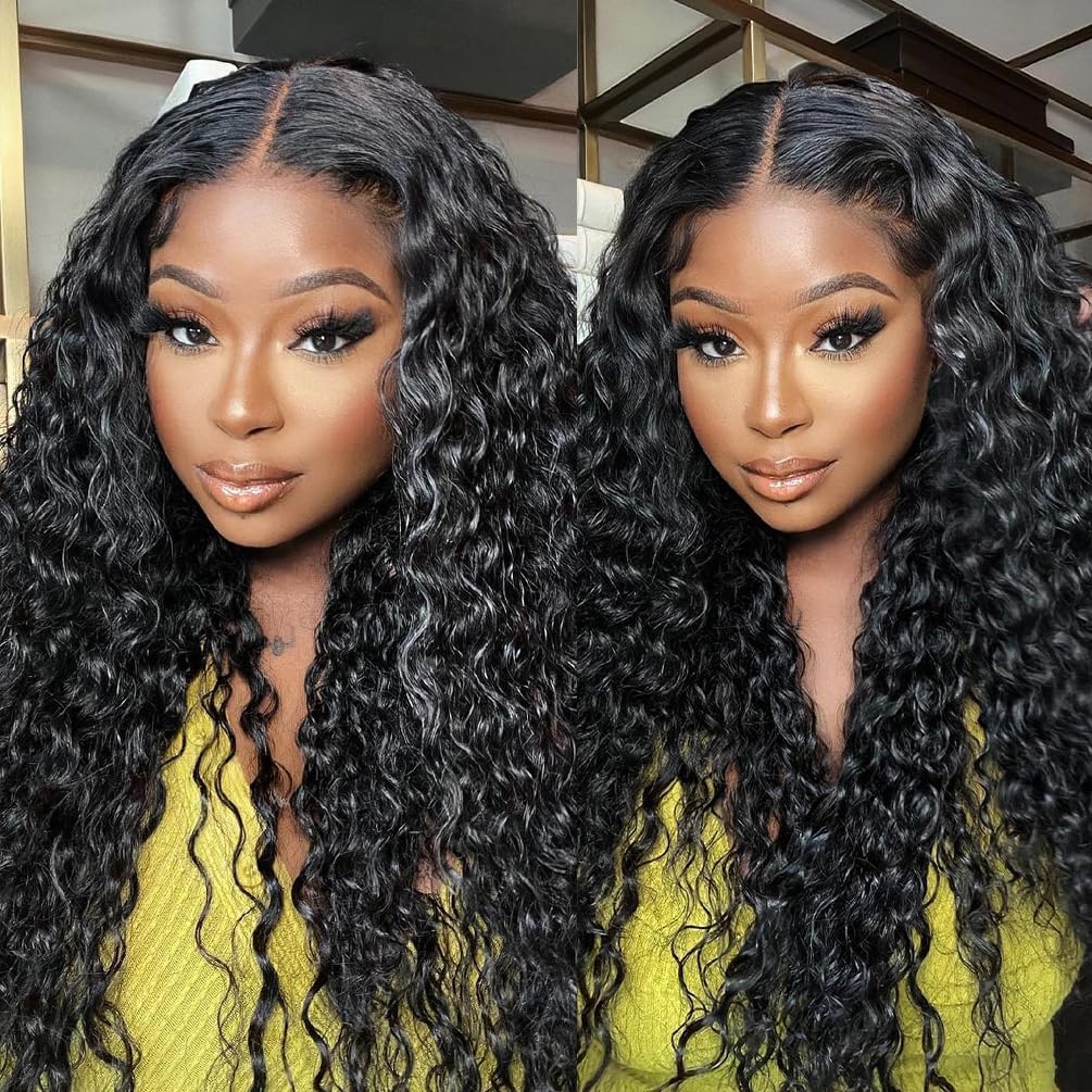 13x4 Deep Curly Glueless Wigs Human Hair Deep Wave Lace Frontal Wet and Wavy Wig 24 Inches 180 Density Water Wave Lace Front Wigs Human Hair Pre Plucked with Baby Hair Natural Black 1B
