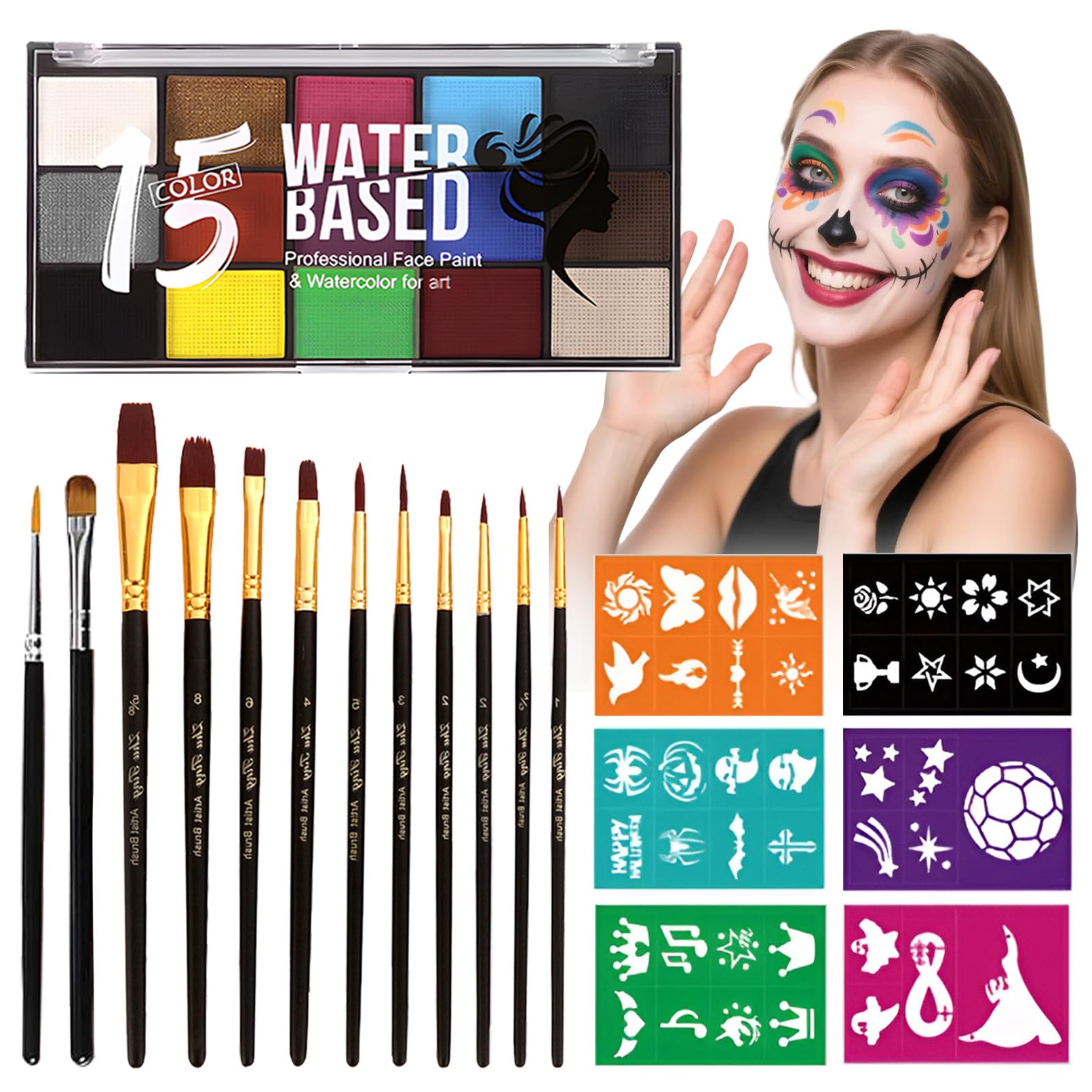 Face Painting Kit Non-Toxic Body Paint Washable 15 Colors Face Paint Makeup Palette for Adults with 12 Paint Brushes & Stencils for Halloween Party