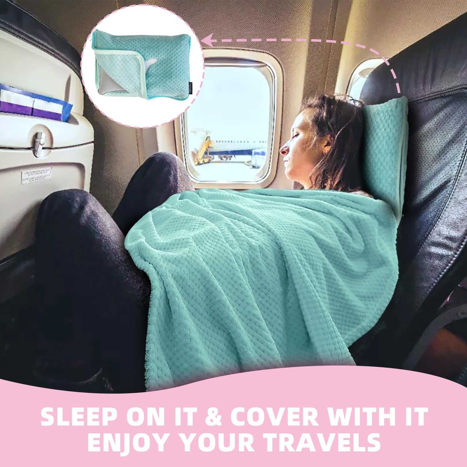 Juego de almohadas de viaje 3 en 1 – Manta de viaje gruesa de 350 GSM, compacta con bolsa, bolsa suave con bolsillo, almohada de viaje inflable para campamento y viaje en coche (verde menta) 2