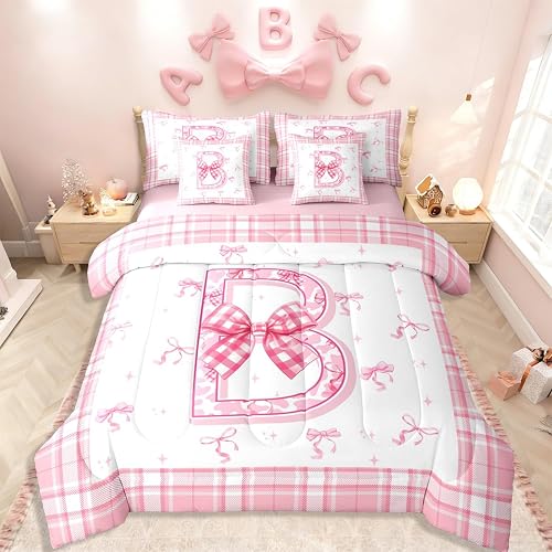 Erosebridal Initial Letter B 7 Piece Comforter Set Full Bed in A Bag,Pink Bow Be