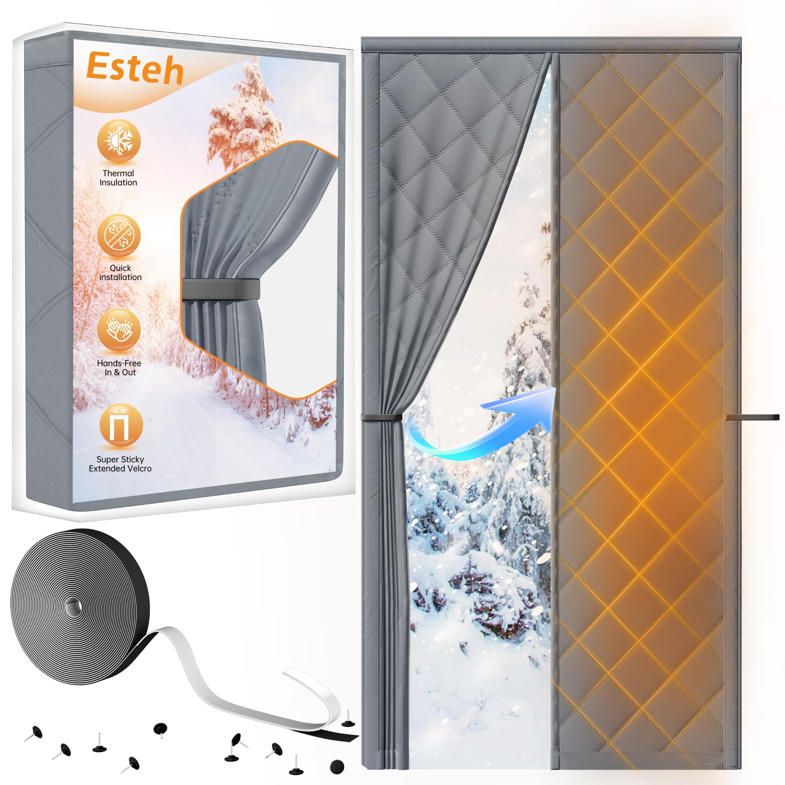 Magnetic Thermal Insulated Door Curtain for Winter Fits Door Size 32" x 80", Temporary Thermal Door Cover for Cold with Thickened Cotton, Window Insulation Kit for Sliding Glass Doorways-Gray-image-25