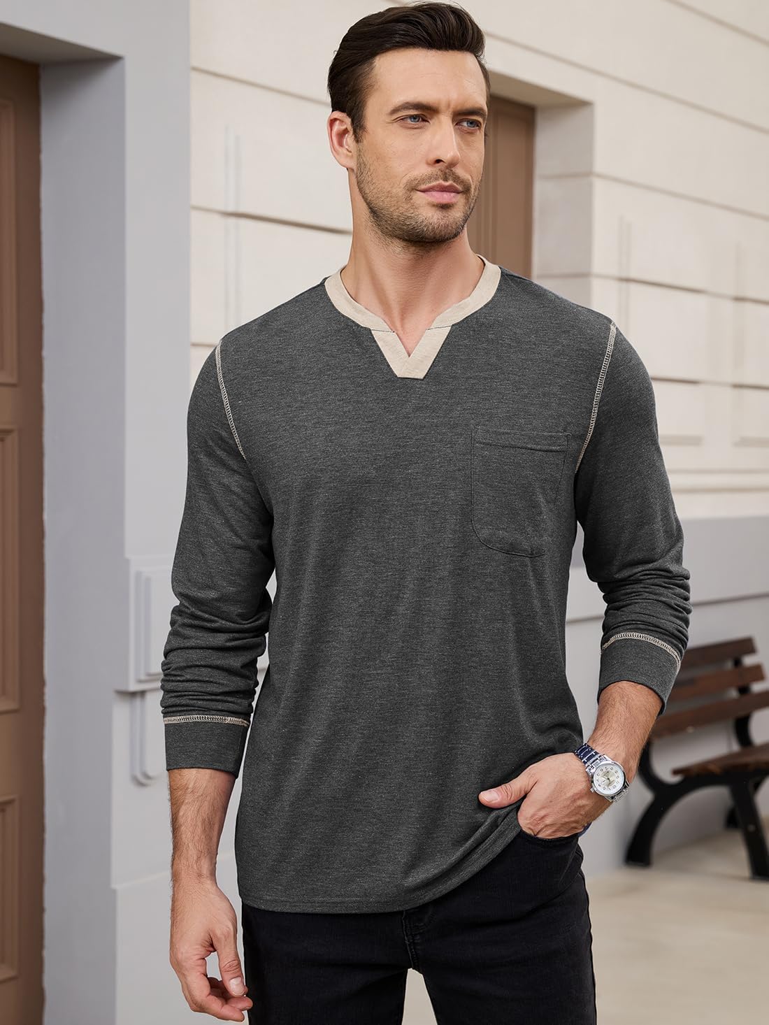 Men's Casual V Neck Long Sleeve Tees Henley T-Shirt Comfortable Pullover Tops with Pocket - Image 2