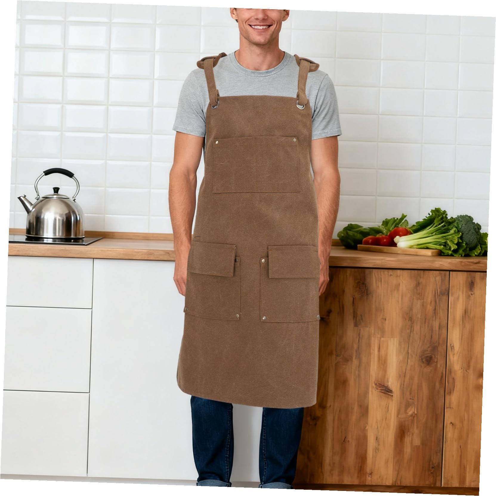 Didiseaon delantal de trabajo con bolsillos mono de trabajo delantal de taller para mujer Light Brown