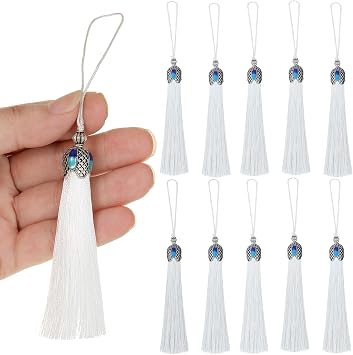 20pcs 16cm/6.3inches Vintage Silver Color Bookmark Tassels Silky Handmade Soft Craft Tassels with Loops for Bookmarks, Crafts and Jewelry Making White