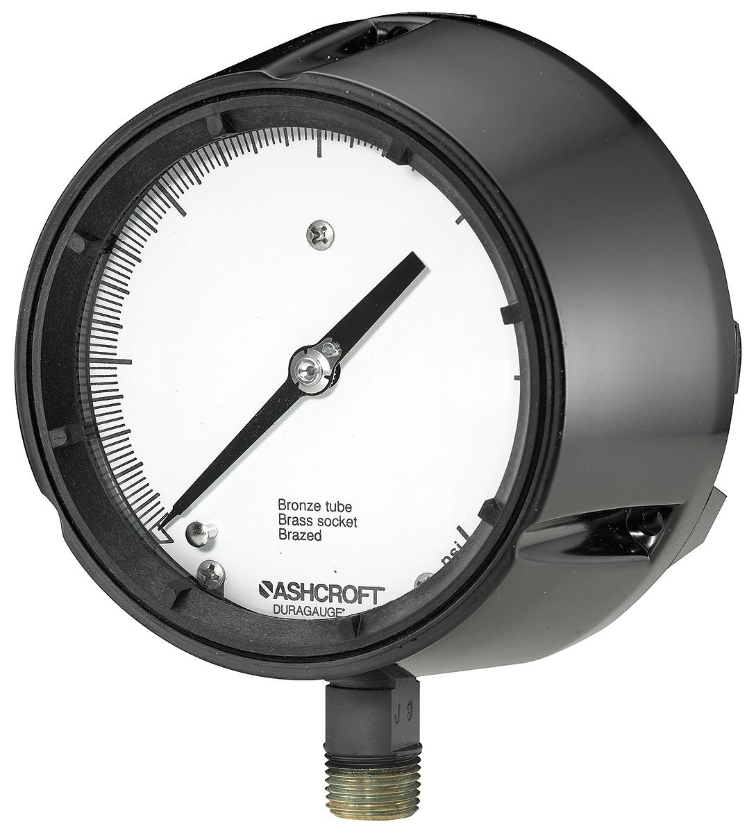 Ashcroft Type 1259 Fiberglass Reinforced Thermoplastic Solid Front Safety Case Dry Filled Process Pressure Gauge, Stainless Steel Tube and Socket, 4.5" Dial Size, 1/2" NPT Lower Connection, 0/400 psi Pressure Range