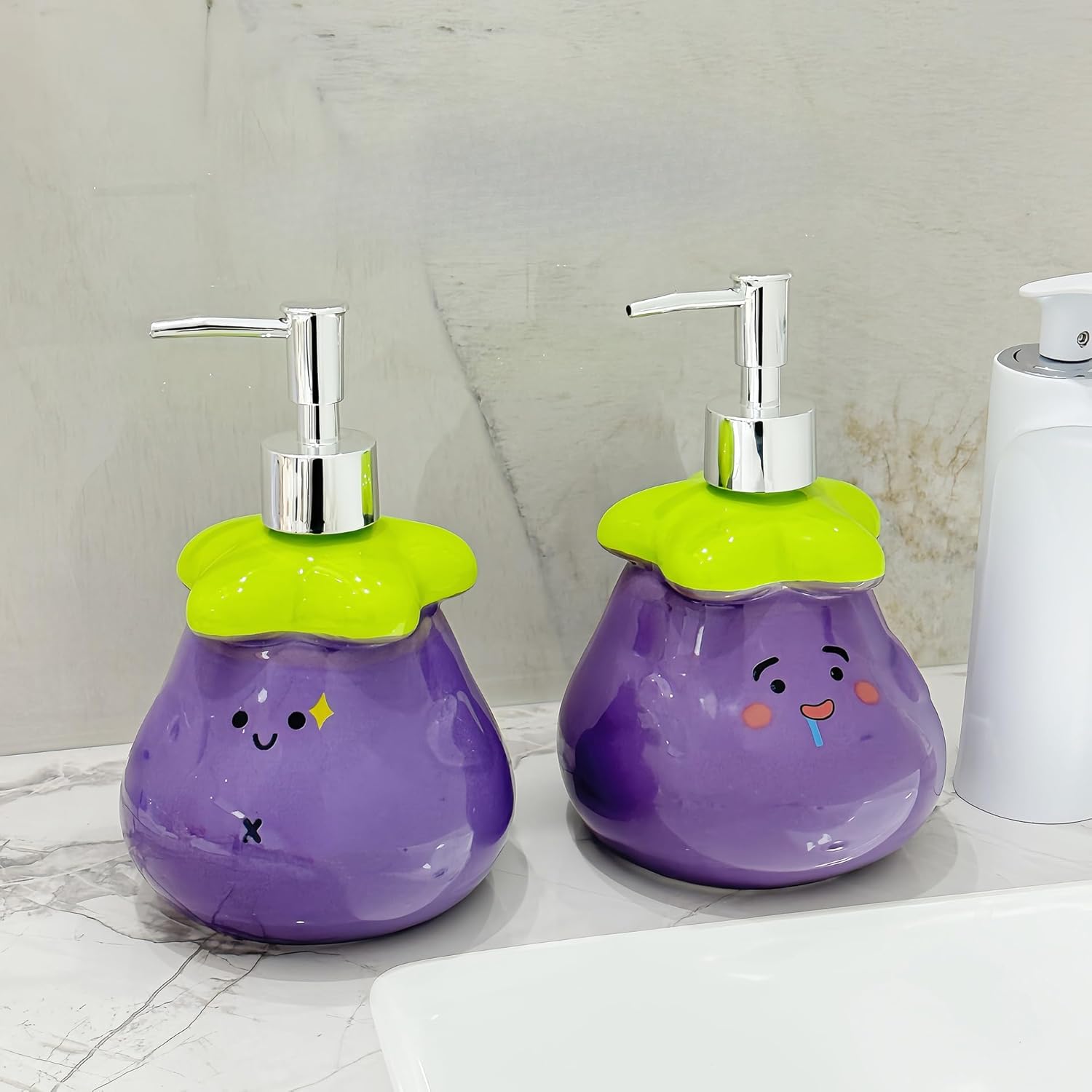 Cute Eggplant Ceramic Soap Dispenser Set, Purple and Green, 2-Piece Bathroom Accessory Set