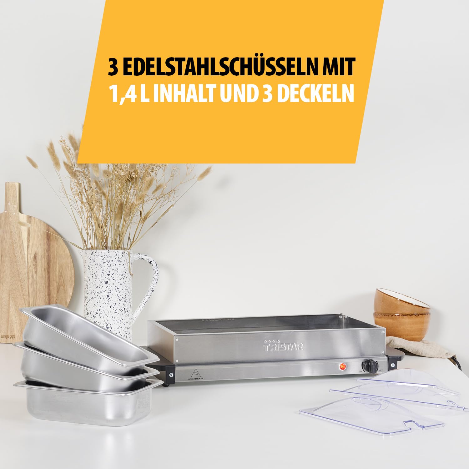Tristar Edelstahl Buffetwärmer für Partys & Buffets, 4,2 L, Einstellbares Thermostat, 3 Warmhaltebehälter, Heizplattenfunktion, 200 W, Silber, BP-6283