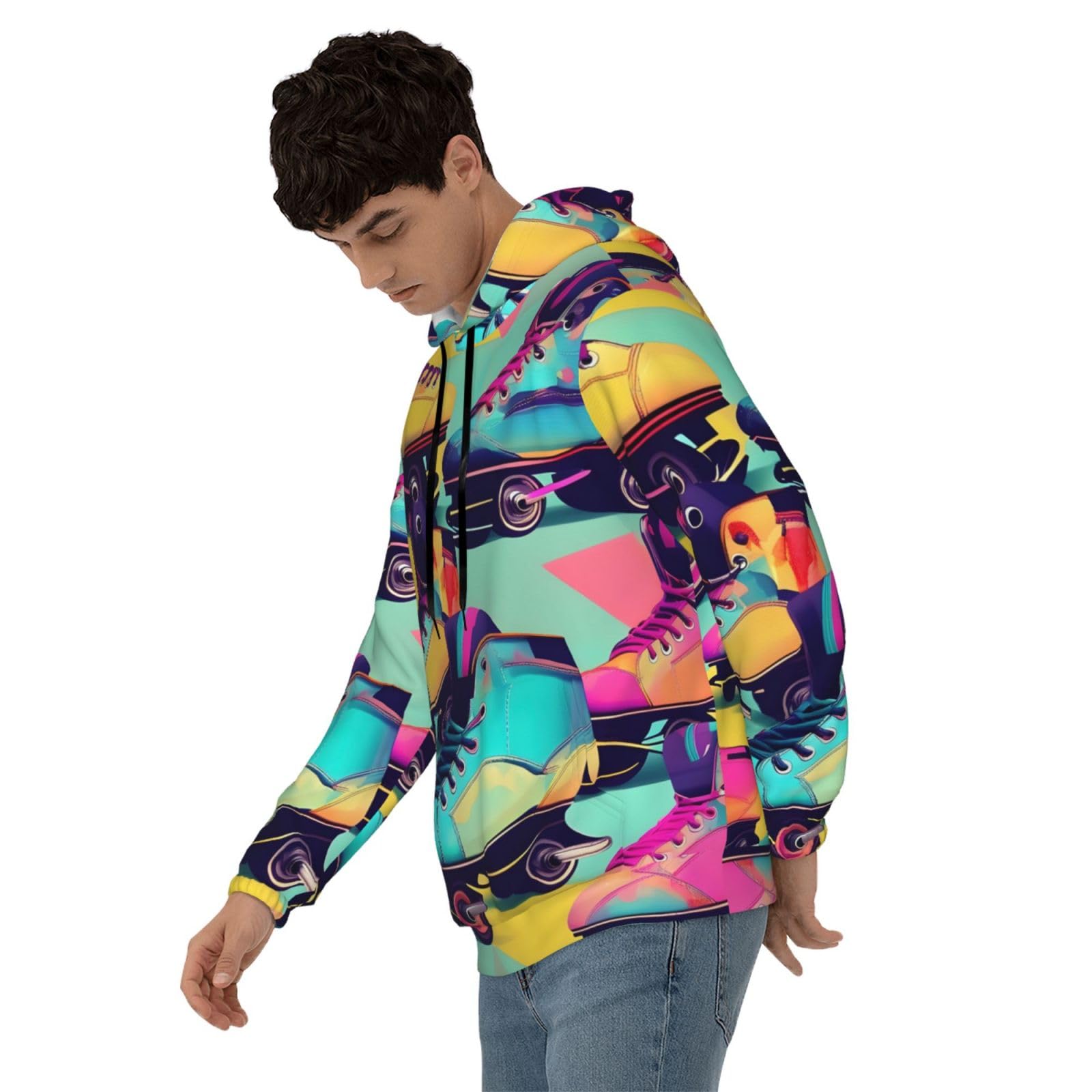 Męska bluza z kapturem w stylu retro z kolorowym nadrukiem, casualowa grafika z nadrukiem bluzy z kapturem z kieszenią