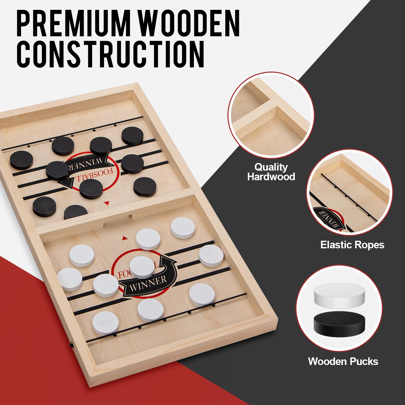 Extra Large Wooden Fast Sling Puck Game - Super Sling Hockey Table for Family Night & Parties | Foosball Winner String Puck With 20 Pucks & Storage Bag | Premium Wood Construction - Image 4