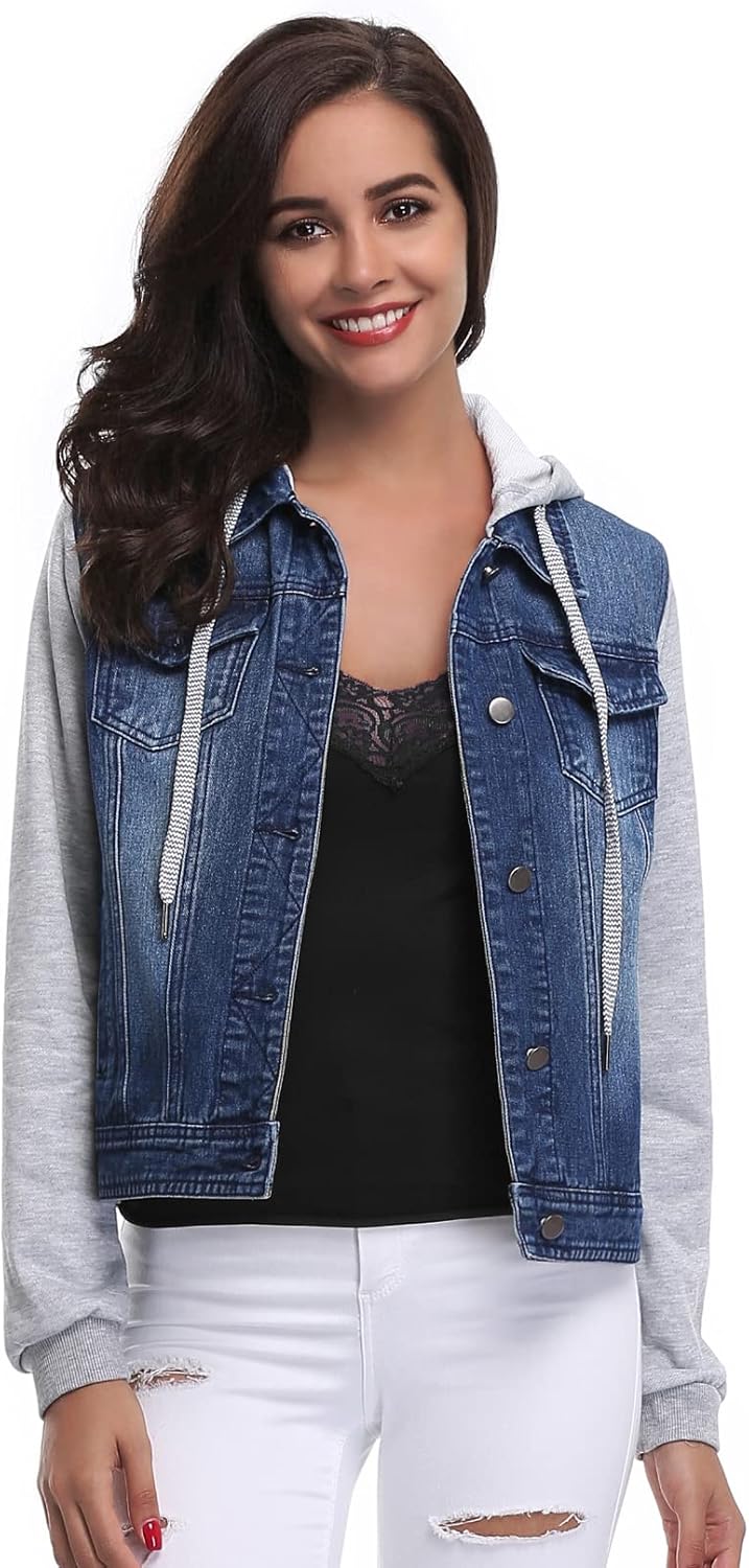 MISS MOLY Women's Layered Drawstring Casual Hoodie Denim Jackets Jean Jacket Coat w Pockets - Image 2