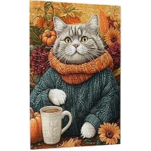 Relaxing Fall Cat Wooden Jigsaw Puzzles for Adults 1000pieces Sweater-Clad Cat Pumpkin and Fall Florals Design Great for Fall Leisure Nights Gifi to Thanksgiving Cozy Time and Adult Puzzle