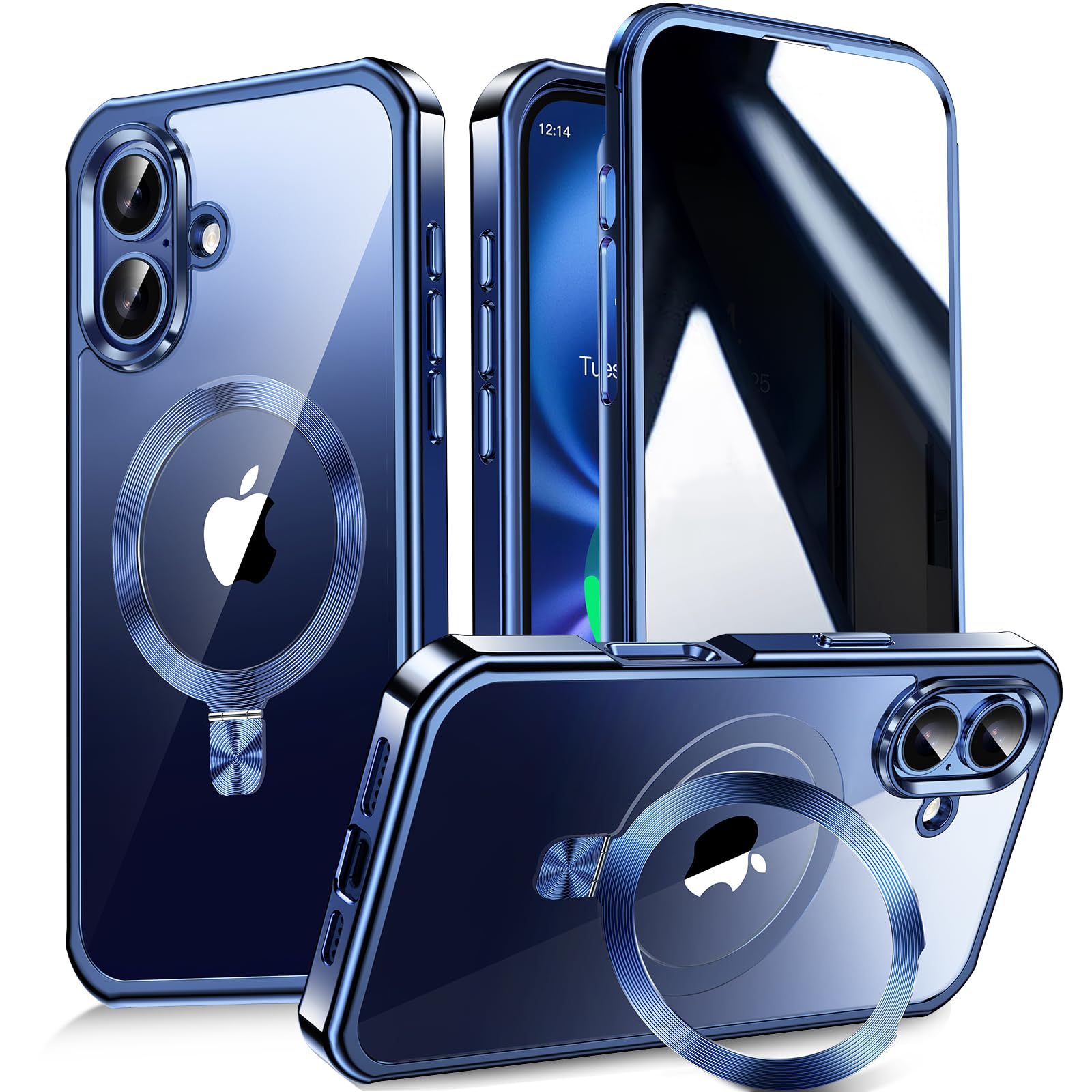 【多機能隠しスタンド・マグセーフ対応・覗き見防止】WTAIYUN iPhone 16 用 ケース 全面保護 CDリング 縦横両対応 ワイヤレス充電対応 米軍MIL規格 耐衝撃 高感度タッチ 両面 いphone16 カバー ストラップホール付き メッキバンパー PC背面 透明 黄変防止 アイフォン16 ケース 6.1イン チ (ブルー)