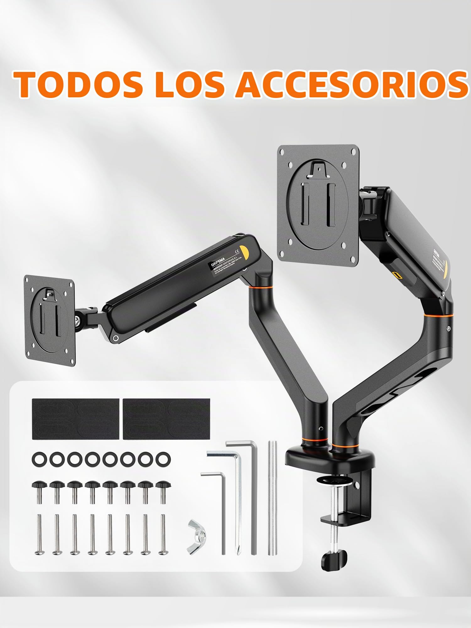 Ibergrif Soporte de Monitor Doble para Pantallas de 13"-27", Brazo de Gas Ajustable, Soporta 2 Monitores, Inclinación, Giro y Rotación con Base de Montaje C-Clamp y Grommet, VESA 75/100mm (MA001-2)