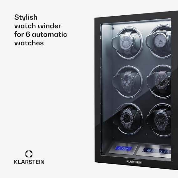 KLARSTEIN watch winder for automatic watches, automatic watch winder for 6 watches, with acrylic door, blue LEDs, with 5 TPD settings