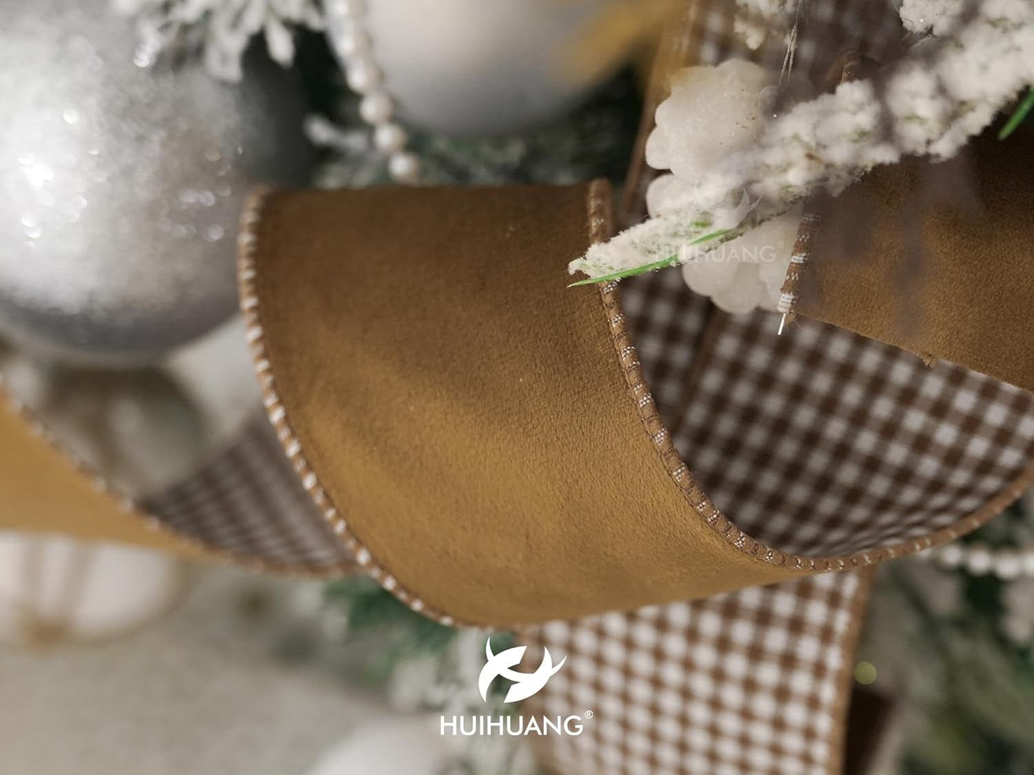HUIHUANG Brown Velvet Wired Ribbon with Gingham Reversible 2.5 inch Brown Check Christmas Ribbon for Trees Decoration, Garlands, Gift Wrapping, Bows, Wreaths Supplies- Continuous 10 Yards