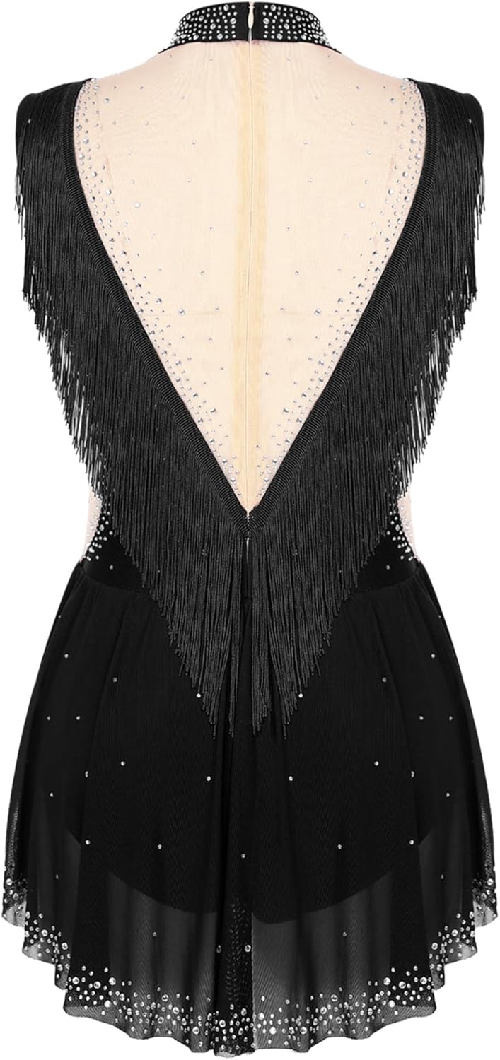 Vxuxlje Women's Shiny Rhinestone Tassel Latin Dance Dress Sleeveless Ruffled Skirted Leotard