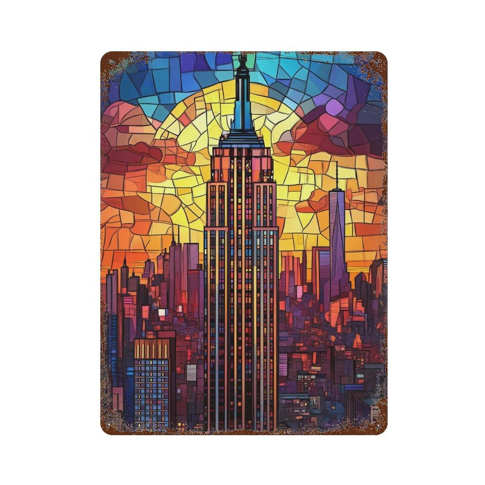 Empire State Building Stained Glass Vintage Metal Tin Sign 15.7"x11.8", Novelty Wall Decor for Garage, Pub Or Kitchen