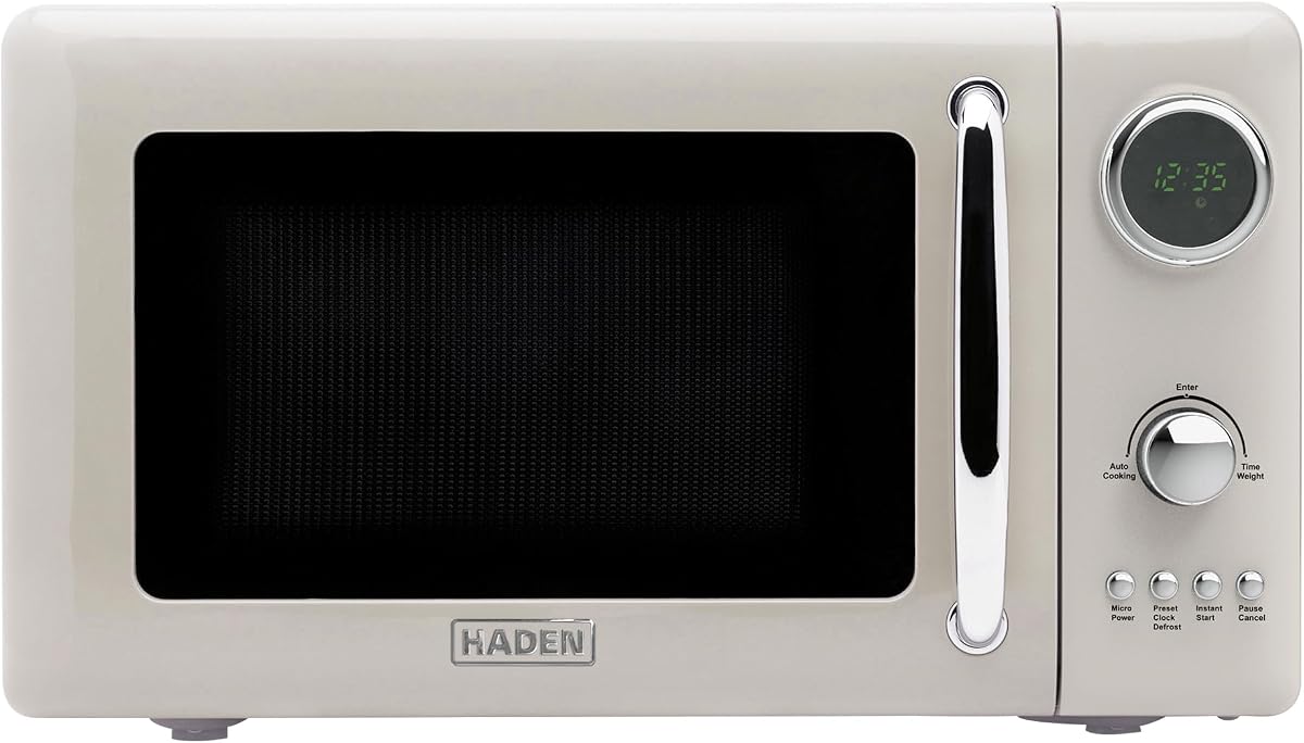 Horno microondas Haden de 700 vatios y 0,7 pies cúbicos con controles digitales, descongelación y electrodoméstico pequeño con encimera de inicio instantáneo, masilla/cromo | Pequeño electrodoméstico para encimera con descongelación y arranque instantáneo, masilla/cromo