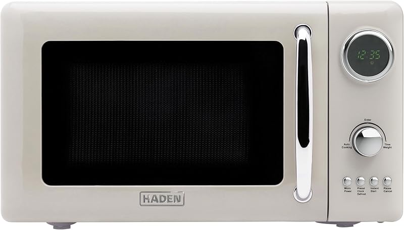 Horno microondas Haden de 700 vatios y 0,7 pies cúbicos con controles digitales, descongelación y electrodoméstico pequeño con encimera de inicio instantáneo, masilla/cromo | Pequeño electrodoméstico para encimera con descongelación y arranque instantáneo, masilla/cromo