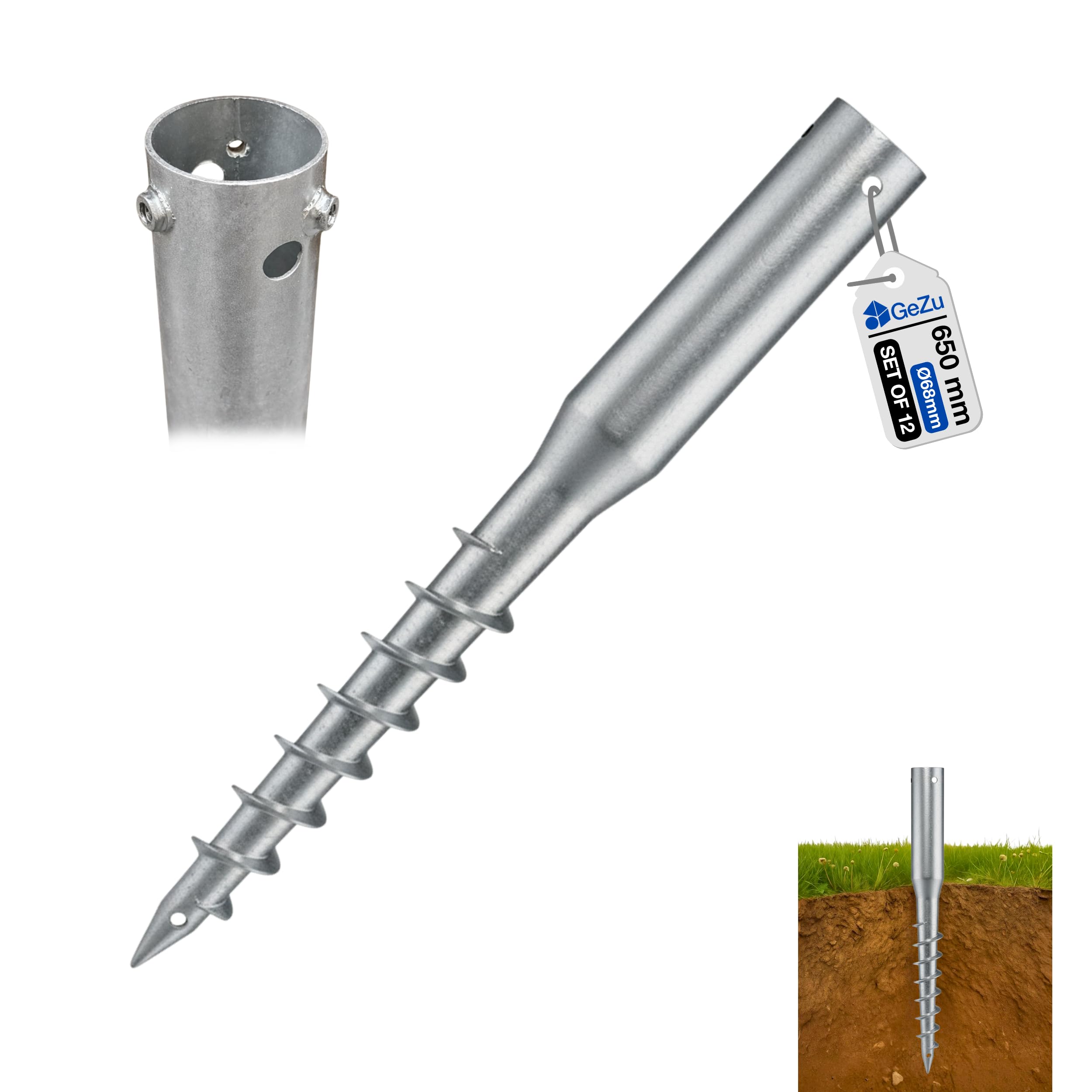 GeZu Impex Tornillo de Tierra Redondo Ø 68 x 650 mm Juego of 12 | Galvanizado en Caliente Tornillo de Cimentación Ancla de Tierra Soporte de Poste Espiral Para Postes de Madera