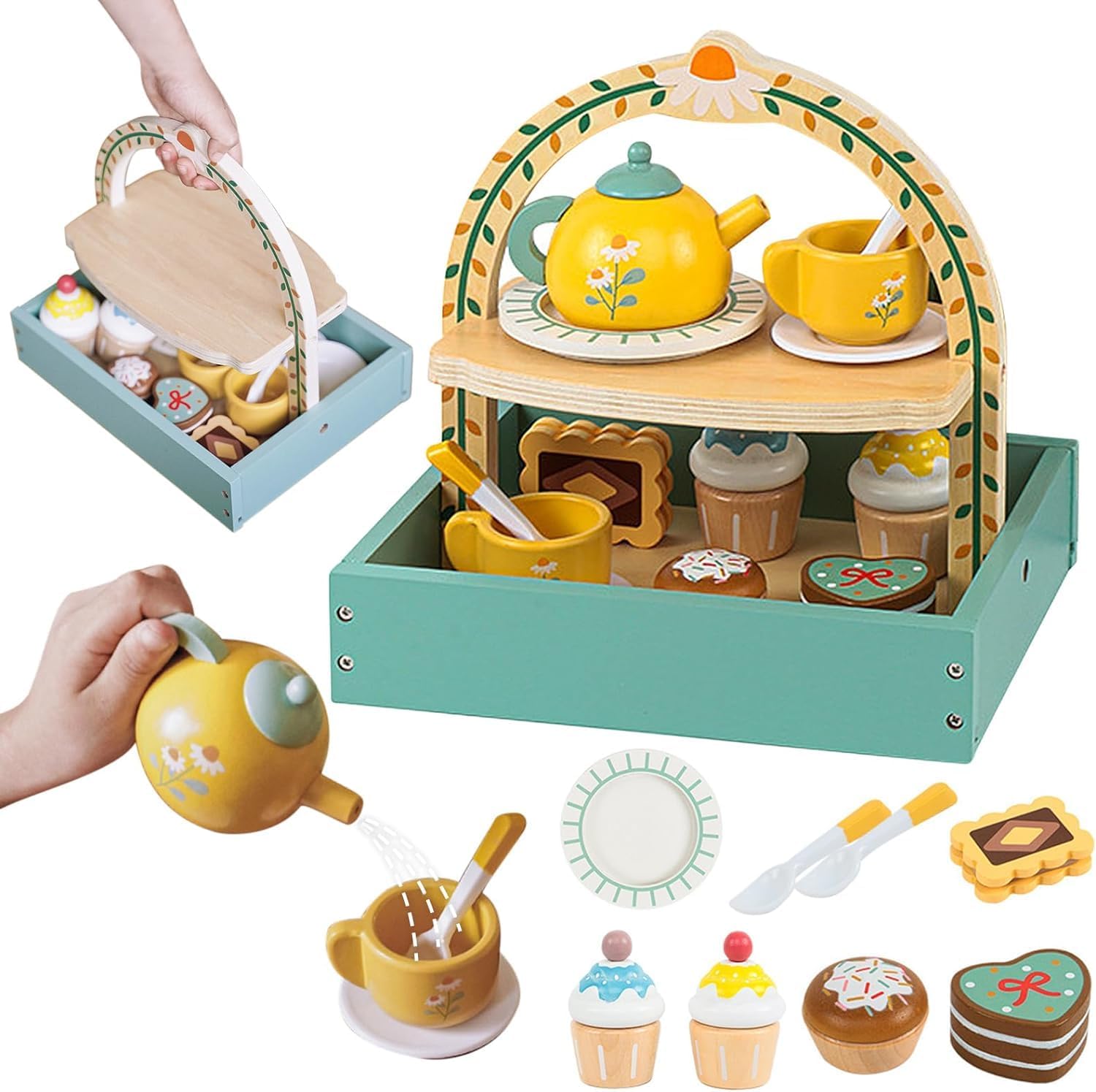 SOOFAM 15 Pieces Toddler Tea Set Little Girl [2026 Latest Model] Wooden Tea Party Set ,Kitchen Playset for Toddlers 3-6, Wooden Toys Desserts Cake with Cupcake Stand and Teapot (Tea Party Set)