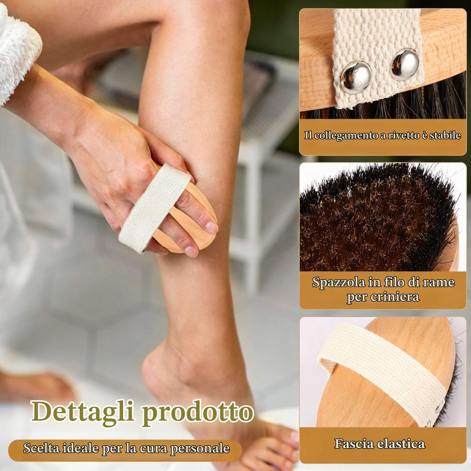 Spazzola a secco con setole naturali, filo di rame, spazzola per il corpo con cinghie, spazzola per massaggi a secco, per rimuovere la pelle morta, cellulite, migliora le funzioni linfatiche