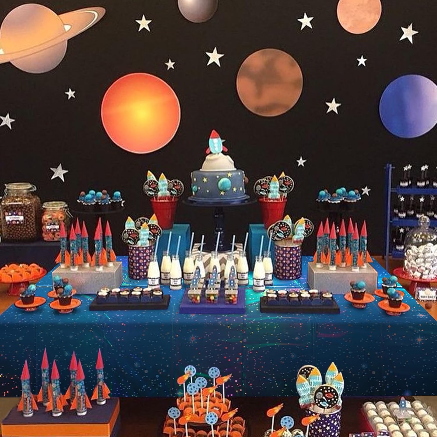 3Pcs Iridescent Space Tablecloths, Disposable Plastic Blue Galaxy Table Cloth Rectangle Table Covers for Space Starry Night Star Theme Party Birthday Party Decorations, 54x108 Inch