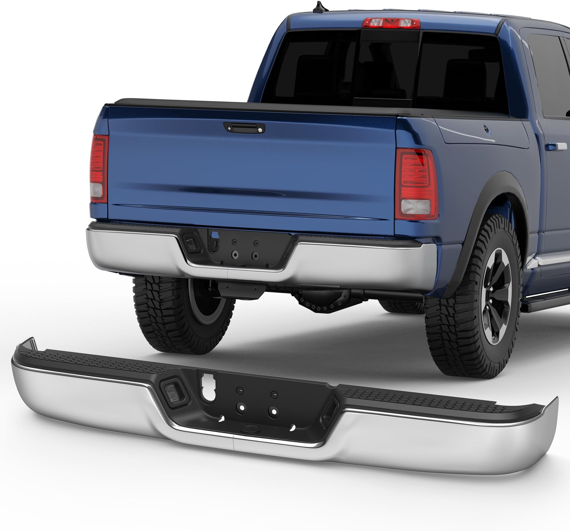 Chrome Steel Rear Step Bumper Pad splitter bar Compatible for 2009-2018 Dodge Ram 1500/2010-2012 Ram 2500 3500/19-24 Ram 1500 Classic no Dual Exhaust Cut-Outs, no Sensor Hole, CH1103117
