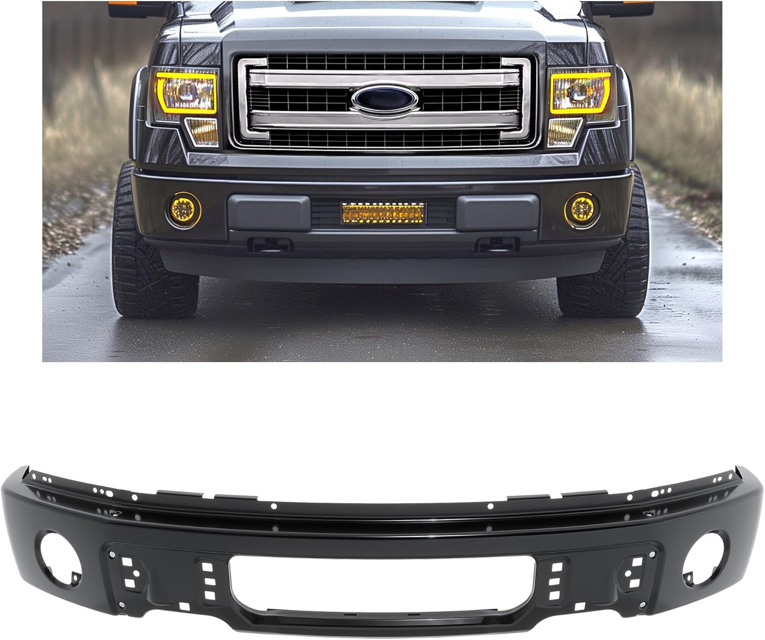 KUAFU 3Pcs Front Bumper Face Bar Compatible with 2009-2014 Ford F150 F-150 W/O Fog Light Holes 9L3Z17757DPTM FO1002413 Steel Electrophoresis Black Replacement Only Unassembled