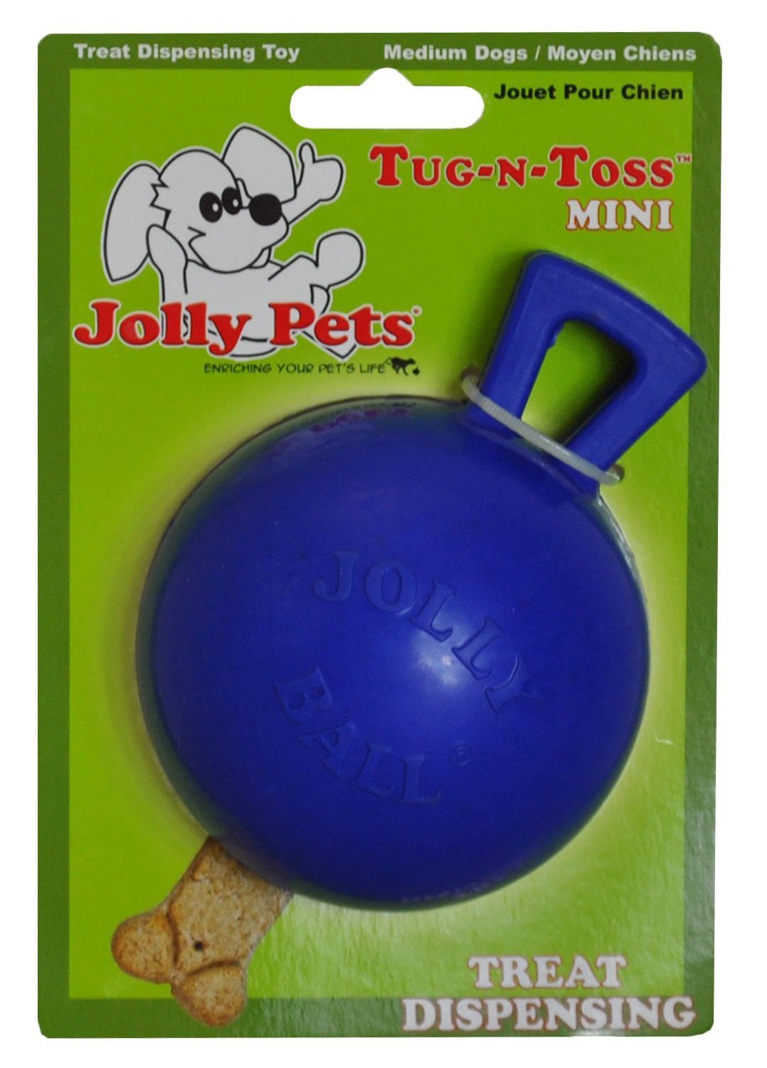 Jolly Pets Tug-n-Toss Heavy Duty Dog Toy Ball with Handle 3 Inches Mini Blue Model 403 BL