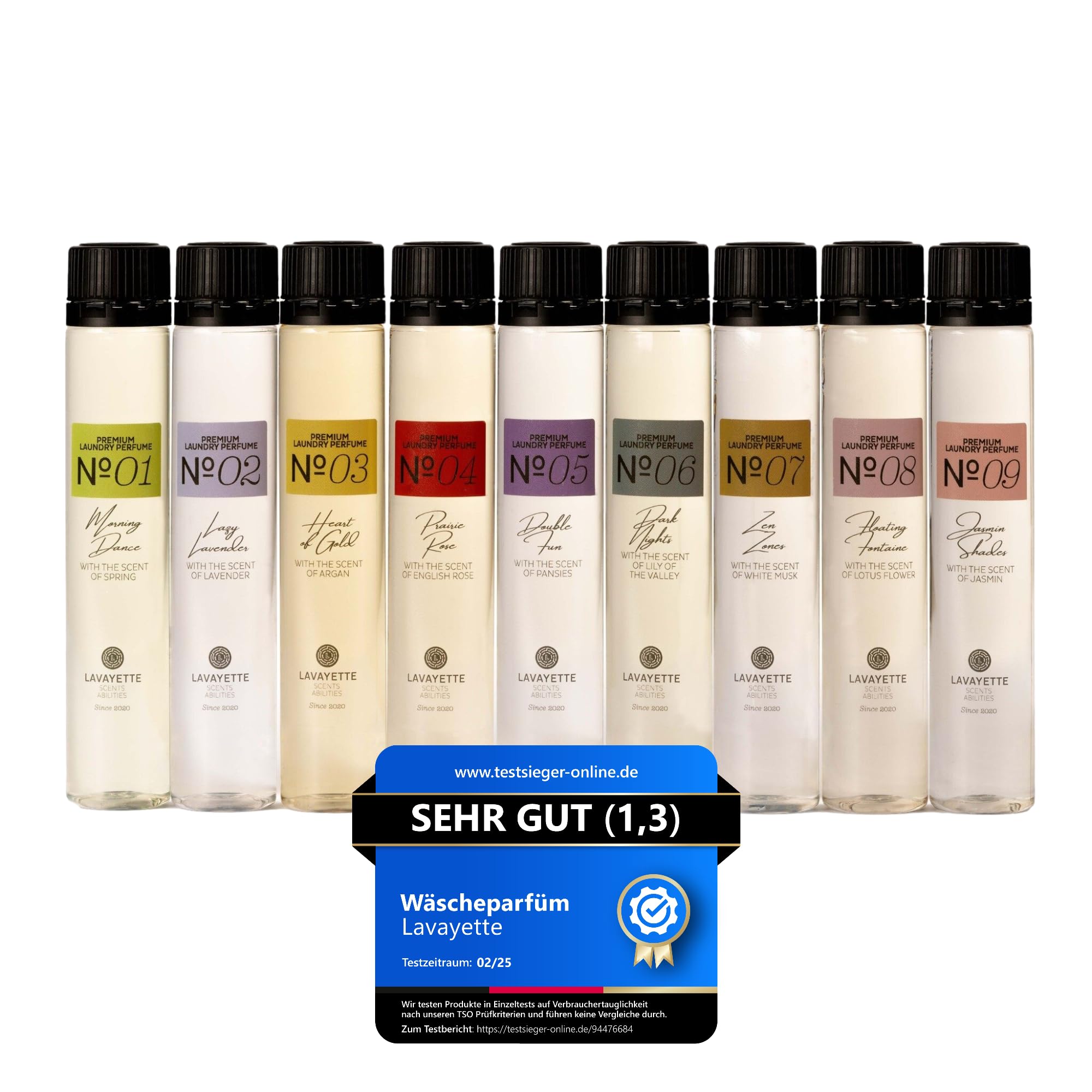 Premium - Wäscheparfüm Testpaket - Duft für Kleidung, Leinen, Bettwäsche - Geruchsentferner, Wäscheduft - 9x25 ml