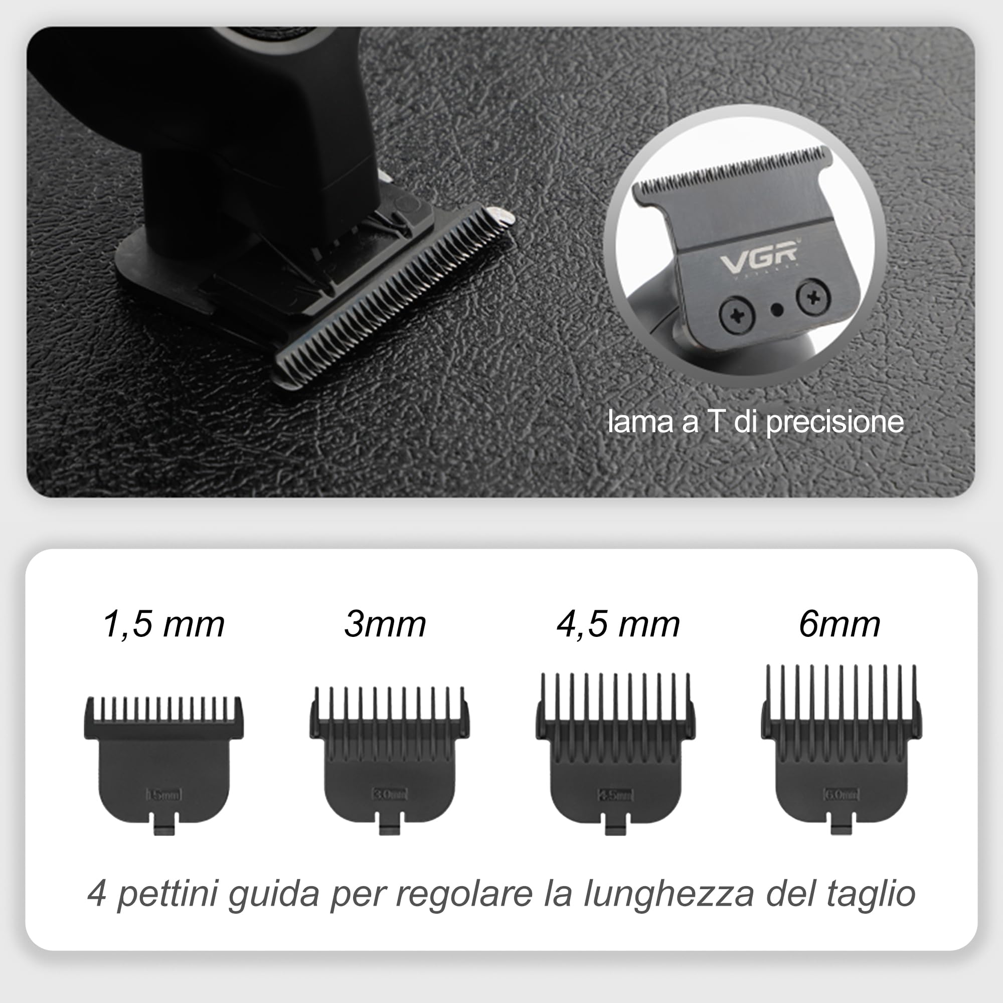 VGR 995 Tagliacapelli Professionale per Uomo, Tondeuse Zero Gap per Barberia, Tondeuse Senza Filo per Barba con 4 Pettini Guida, Tagliacapelli di Precisione, Ricarica USB-C