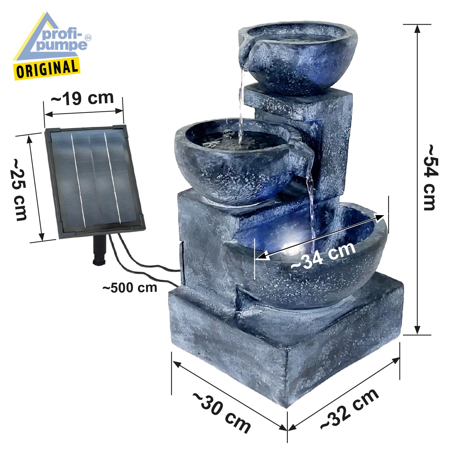 Fontana solare da giardino, fontana solare con luce LED, fontana decorativa, cascata, luce da giardino, pompa per laghetto per terrazza con pompe (fontana solare GRANITSCHALEN-Kaskade-3 con luce LED)