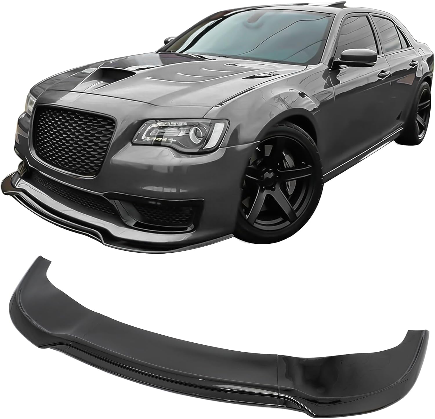 IKON MOTORSPORTS Front Bumper Lip, Compatible with 2015-2023 Chrysler 300 SRT, IKON Style Gloss Black PP Polypropylene Add-on Air Dam Chin Spoiler Protector Splitter 3PCS