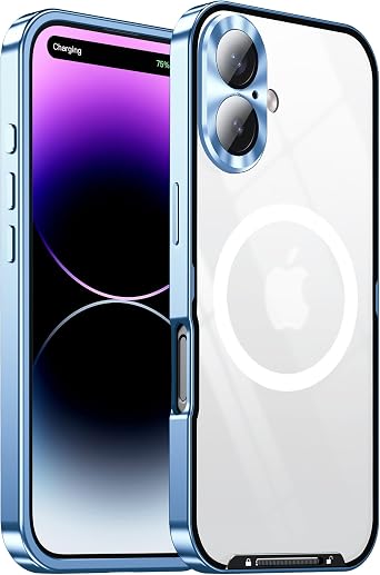 Metal Case for iPhone 16, [Magnetic Wirless Charging] [with Camera Lens Protection] [Military Drop Protection] Aluminum Alloy Frame Bumper Slim Thin Shockproof Protection Cover for iPhone 16 Blue
