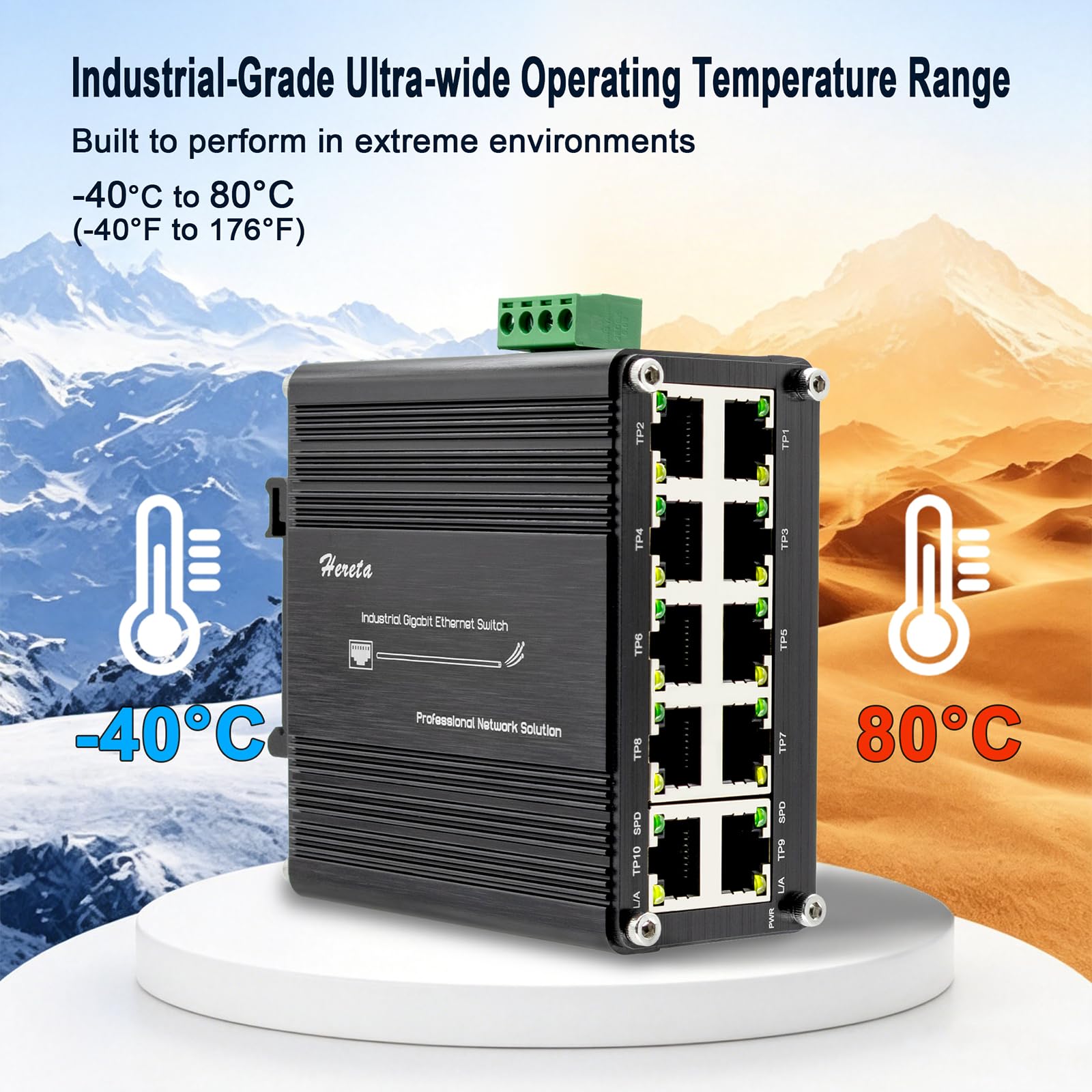 Switch Ethernet Gigabit de 10 Puertos, Industrial Conmutador Gigabit con 10 x RJ45 Puerto, 10/100/1000 Mbps, No Gestionado, Plug & Play, Admite una Entrada de 12–48 V CC